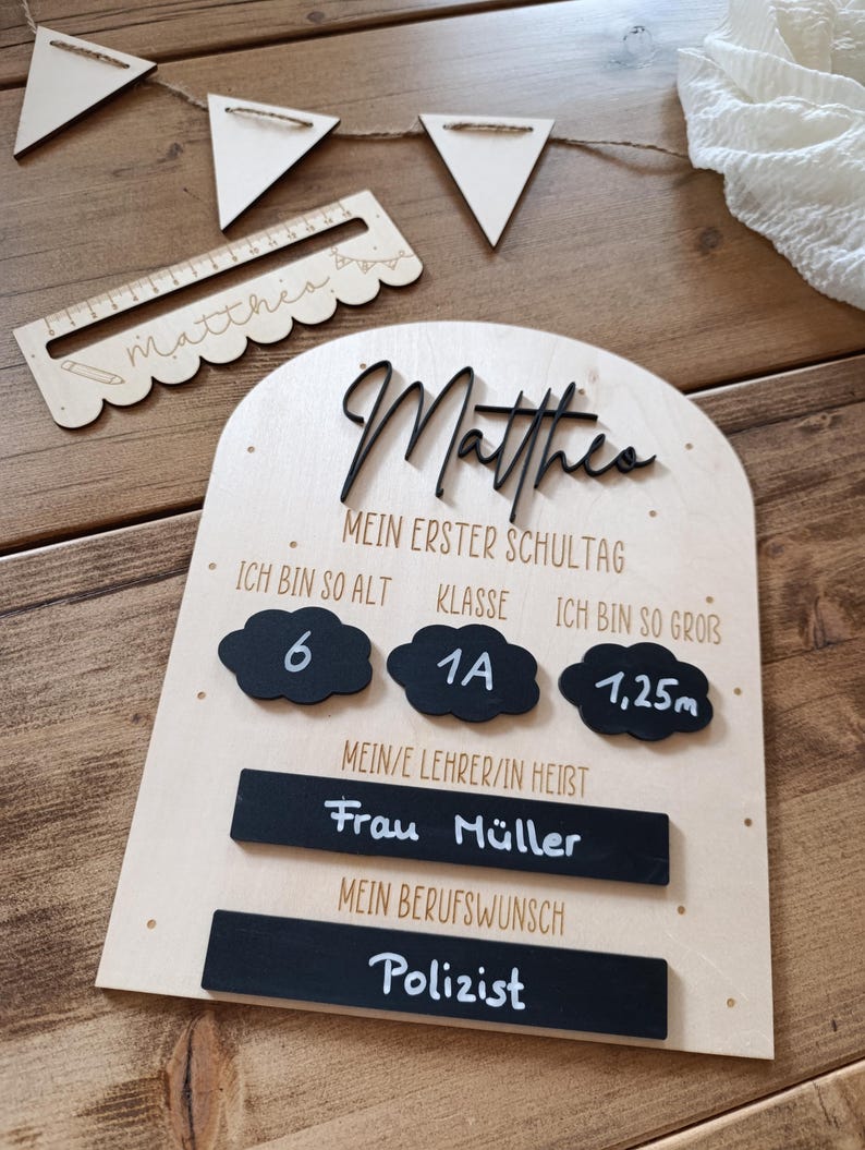 May include: A wooden sign with the name "Matthes" in black script, designed for a child's first day of school. It includes details like age, class, height (1.25m), teacher's name, and career aspiration.