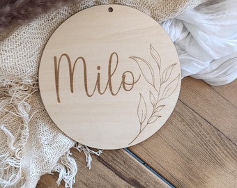 Name plate round personalized children's room plant door sign wooden sign wall decoration baby room gift birth wooden disc
