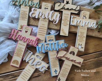 Personalized wooden christening cross, christening gift for boys and girls, name, date, and saying, 8 variations, 19 colors, communion gift