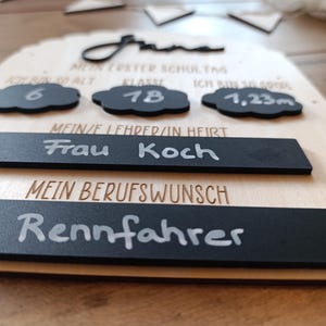 May include: A wooden sign with black chalkboard-style accents. The sign includes the text "June", "Mein Erster Schultag", and "Frau Koch". It also features cloud-shaped cutouts with numbers and measurements, and the word "Rennfahrer".