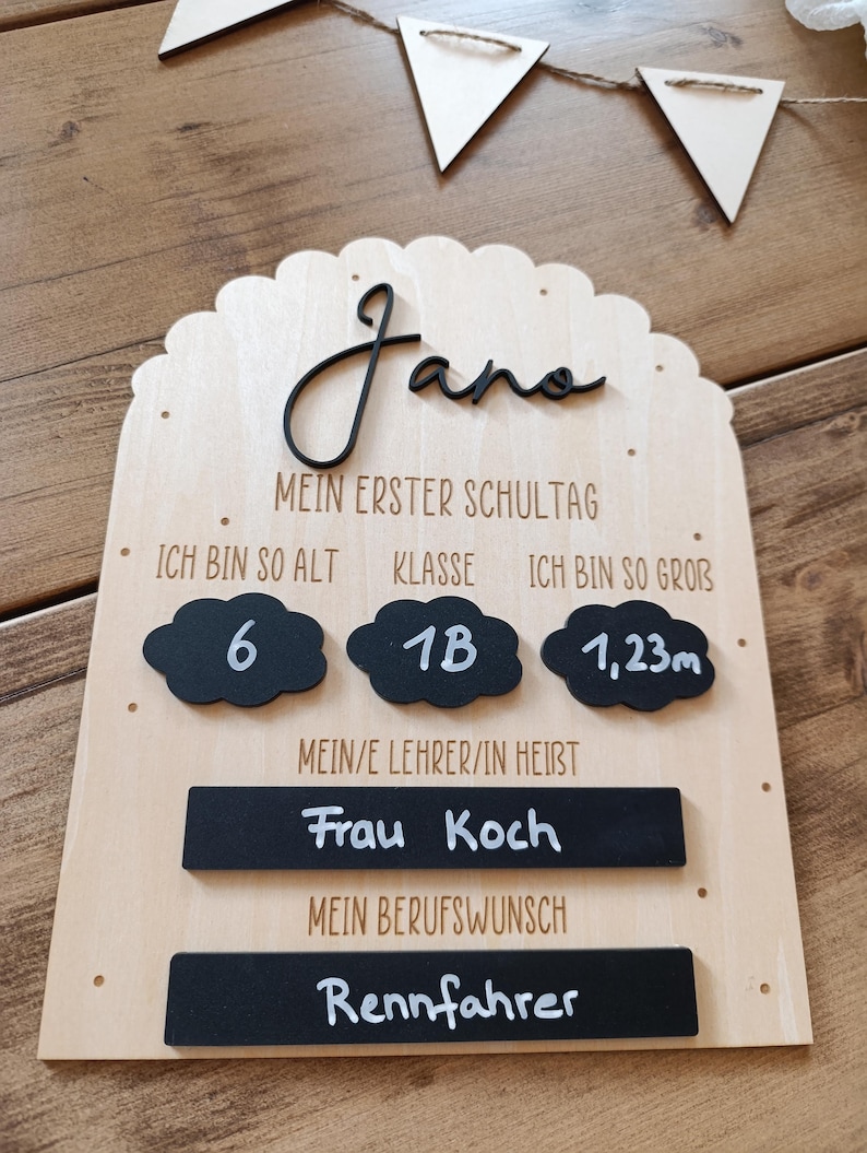 May include: A wooden sign with the name "Jane" in black script. The sign includes the text "Mein Erster Schultag" and details about the child's age, class, and height (1.23m). It also lists the teacher's name and the child's career aspiration.
