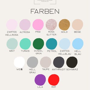 May include: A color chart featuring the brand name Wunsch Elfe by Simone Belgardt and the word FARBEN. It displays nineteen circular color swatches including pink, gold, beige, mint, turquoise, green, petrol, blue, white, gray, taupe, charcoal, black, purple, and red.