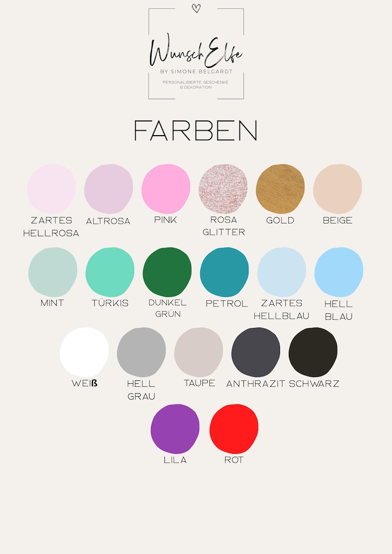 May include: A color chart featuring the brand name Wunsch Elfe by Simone Belgardt and the word FARBEN. It displays nineteen circular color swatches including pink, gold, beige, mint, turquoise, green, petrol, blue, white, gray, taupe, charcoal, black, purple, and red.