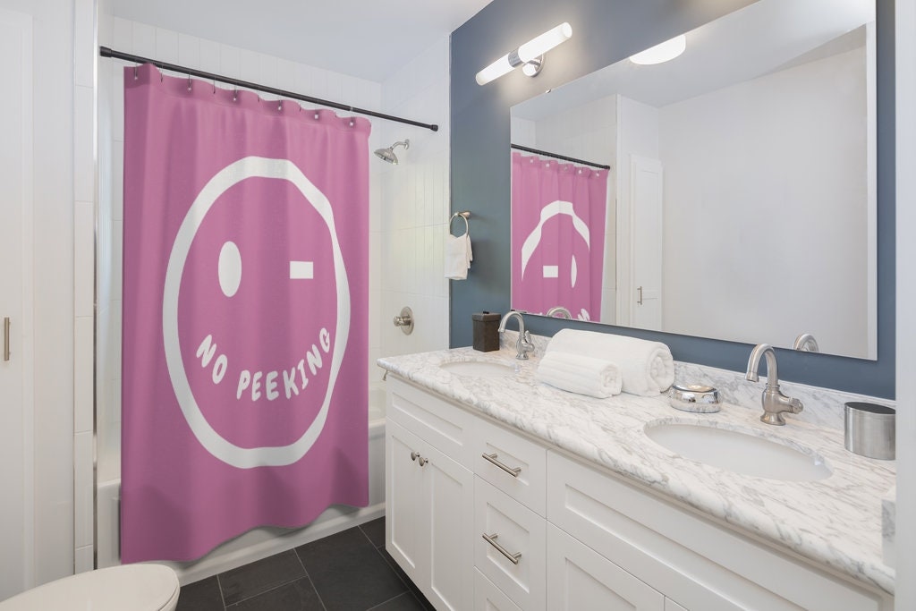 Smiley Face Shower Curtain Pink Bathroom Decor No Peeking Etsy Australia