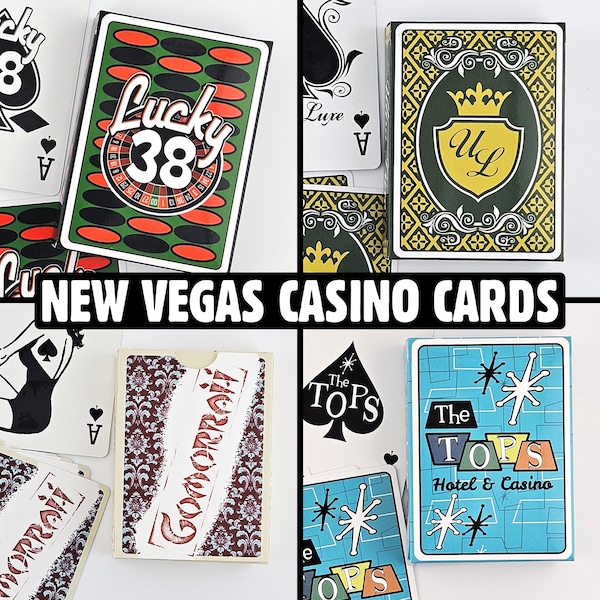 New Vegas-speelkaarten - alle 4 in-game caravankaartontwerpen - op Fallout geïnspireerde Lucky 38 Tops Ultra Luxe Gomorrah