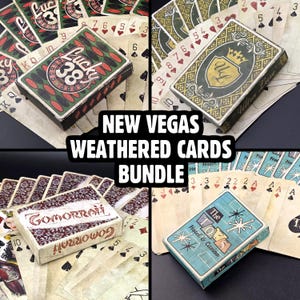 May include: A bundle of four decks of playing cards with weathered designs, including Lucky 38, Ultra Luxe, Gomorrah, and The Tops Hotel & Casino. Each deck box features distinct graphics and colors, accompanied by matching aged-style playing cards.