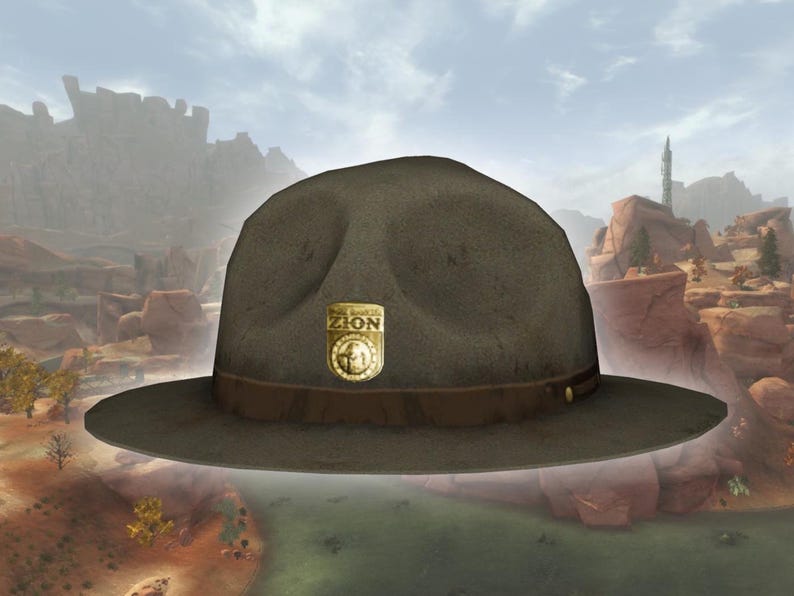 May include: A brown felt hat with a wide brim and a brown leather band. A gold-colored badge with the word "ZION" is affixed to the front of the hat. The hat is a classic style, suitable for outdoor activities.