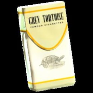 May include: A pack of "Grey Tortoise" cigarettes. The pack is primarily white with yellow and black accents. The brand name is printed in bold black letters above the words "Famous Cigarettes". A drawing of a tortoise is below the brand name.