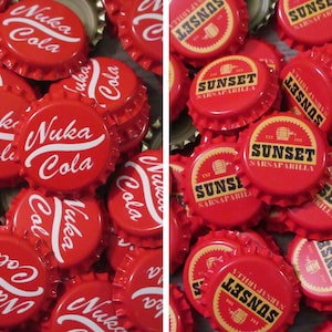 May include: A collection of red metal bottle caps featuring two distinct designs. The left side displays the white text Nuka Cola, while the right side features a yellow and black circular logo with the text Sunset Sarsaparilla and a barrel icon.