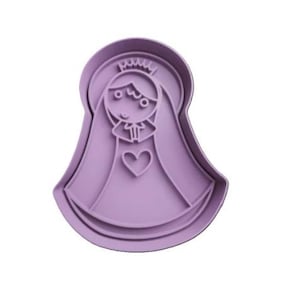 May include: Purple plastic cookie cutter shaped like a girl wearing a crown and a dress with a heart on the front.