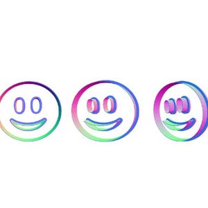 May include: Three colorful smiley faces with a gradient of pink, blue, and green. The faces have white outlines and are arranged in a row.