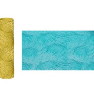 May include: A yellow textured paint roller with a blue and white fur-like pattern. The roller is used to create a textured effect on walls.