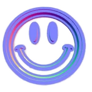 May include: A bright blue smiley face with a rainbow outline. The smiley face is a popular symbol of happiness and positivity.