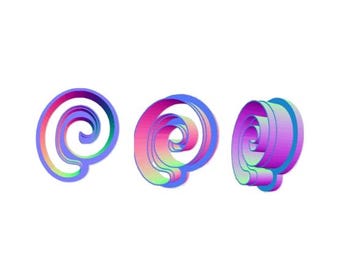 May include: Three colorful, iridescent, 3D swirl designs. Each swirl is a different shade of pink, blue, and purple.