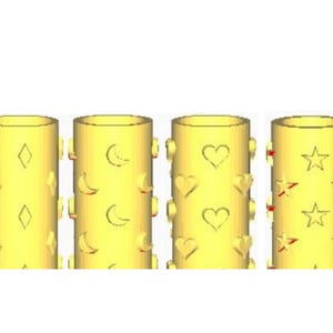 May include: Four gold-coloured rolling pins with different embossed designs. The designs are diamonds, crescent moons, hearts, and stars.