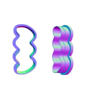 Puede incluir: Dos formas onduladas, en capas y en 3D. La forma de la izquierda es un contorno hueco en tonos de azul, verde y morado. La forma de la derecha es sólida y está llena de tonos de azul, verde y morado.