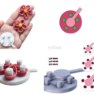 May include: Three sizes of pink and white flower-shaped silicone molds with a handle. The molds are designed to create small, round, flat shapes with a raised center. The molds are shown on a white background.