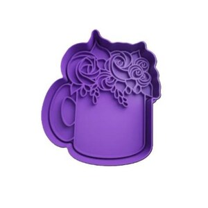 May include: Purple plastic cookie cutter shaped like a mug with a floral design around the top.