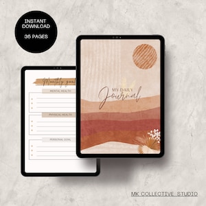 Op de afbeelding: Een digitale planner met een minimalistisch ontwerp in een perzik-, bruin- en wit kleurenschema. De omslagpagina zegt "Mijn Dagelijkse Dagboek" en de binnenpagina heeft een sectie voor "Maandelijkse Doelen" met categorieën voor mentale gezondheid, fysieke gezondheid en persoonlijke doelen.