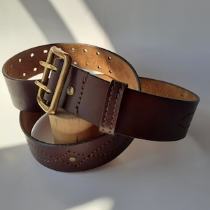 Brown leather belt, Vintage style, Leather Belt with Double Prong Buckle, Solid brass, Military, Full grain leather belt, Wide leather belt.