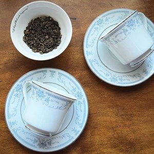 Tea for Two - Dainty Vintage Porcelain Blue Flowers and Leaves Teacup & Tea Box!