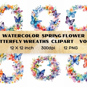 Aquarelle papillon Couronnes Clipart - cadres floraux printemps aquarelle PNG, Fleurs Clipart, Couronne de papillon, Téléchargement numérique, 12 PNG