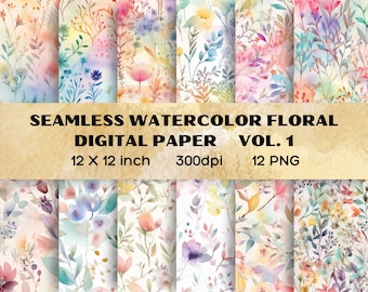 Digital Watercolor Floral Paper, Pastel Flowers Digital Paper, Watercolor Floral Seamless Pattern, Flowers Collage Sheets, Printable Paper