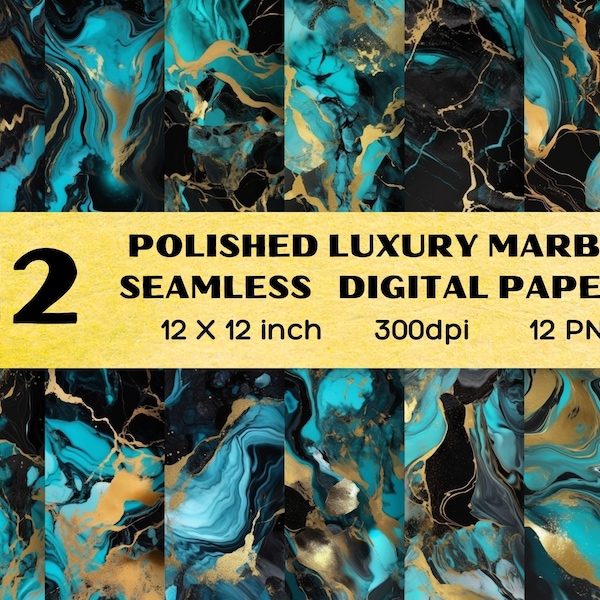 Polished Luxury Black, Blue and Gold Marble Digital Paper, Seamless Textures, Glitter, Printable Patterns, Scrapbook Paper Digital Download