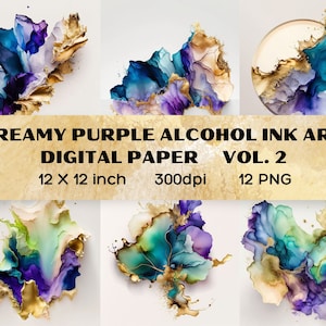 Lila Alkohol Tinte Kunst V2, Gold Glitzernde Alkohol Tinte PNG, Aquarell Hintergrund, künstlerische Clipart PNGs, Goldfolie, digitaler Download