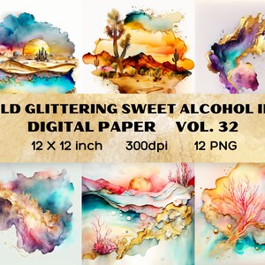 Gold glitzernde süße Alkohol Tinte digitales Papier V32, Alcohol Ink Clipart, Aquarell Hintergrund, künstlerische Clipart PNGs, digitaler Download