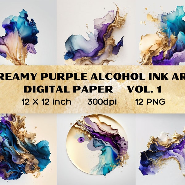 Dreamy Purple Alcohol Ink Art V1, Gold Glittering Alcohol Ink Clipart, Watercolor Digital Paper, Artistic Clipart PNGs, Instant Download
