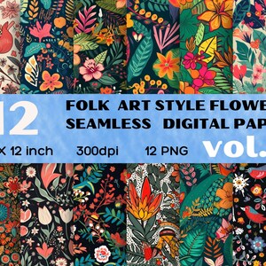 Seamless folk art style flowers, Digital Paper vol.4- Seamless Textures, colorful, Printable Patterns, Scrapbook Paper, Digital Download