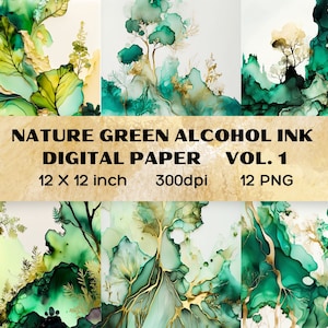 Papel digital de tinta de alcohol verde natural V1, imágenes prediseñadas de tinta de alcohol brillante de oro, fondo de acuarela, imágenes prediseñadas artísticas PNG, descarga digital