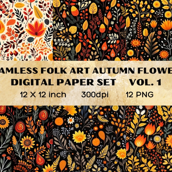 Folk Art, Autumn Flower Backgrounds set v1, Autumn floral patterns, digital paper, printable papers, stationery, scrapbook paper, seamless