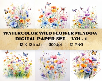 Aquarel Wildflowers Digital Paper Set v1, Lentebloemen Junk Journal Paper, Afdrukbare Lenteweide, Digitale Scrapbooking, Wilde Flora
