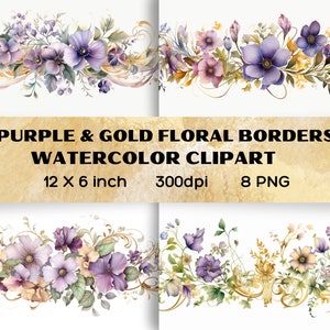 Lila & Gold Aquarell Blumen Bordüren - Wilde Blumen Bordüren - Aquarell Blumen PNG - vorgefertigte Bordüren - Hochzeit Clipart – Sommer Vibe