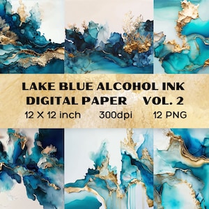 See Blau Alkohol Tinte Digitales Papier V2, Gold glitzernde Alkohol Tinte Clipart, Aquarell Hintergrund, künstlerische Clipart PNGs, digitaler Download