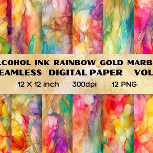 May include: Twelve digital paper designs featuring abstract rainbow alcohol ink marble patterns with gold accents. Each design is 12 inches by 12 inches and 300 dpi.