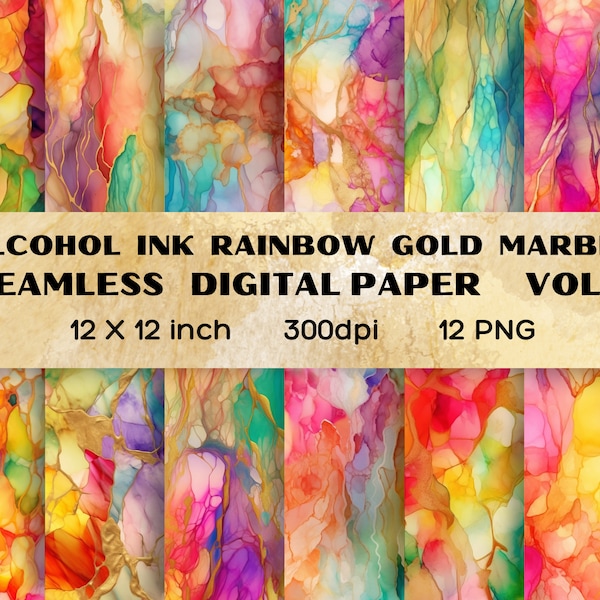 Seamless Alcohol Ink Rainbow Gold Marble Digital Paper, Seamless Textures, Glitter, Printable Patterns, Scrapbook Paper, Digital Download