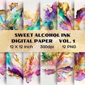 Oro scintillante dolce alcol inchiostro carta digitale volume 1, inchiostro alcolico Clipart, sfondo acquerello, illustrazione colorata, download digitale
