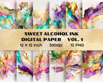 Gold Glittering Sweet Alcohol Ink Digital Paper Volume 1,Alcohol Ink Clipart, Watercolor Background, Colorful Illustration, Digital Download