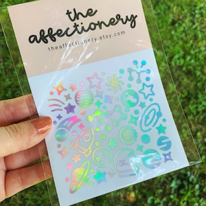 Spaced Out Decal Sheet // Lightstick Decal, Galaxy Stickers, Holo Stickers, Polco Stickers, Orbit Decals, Holo Space Stickers, Holo Decals