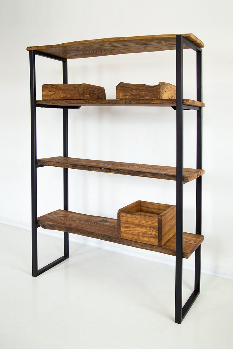 Custom bookcase with live wood edge black metal legs and Etsy