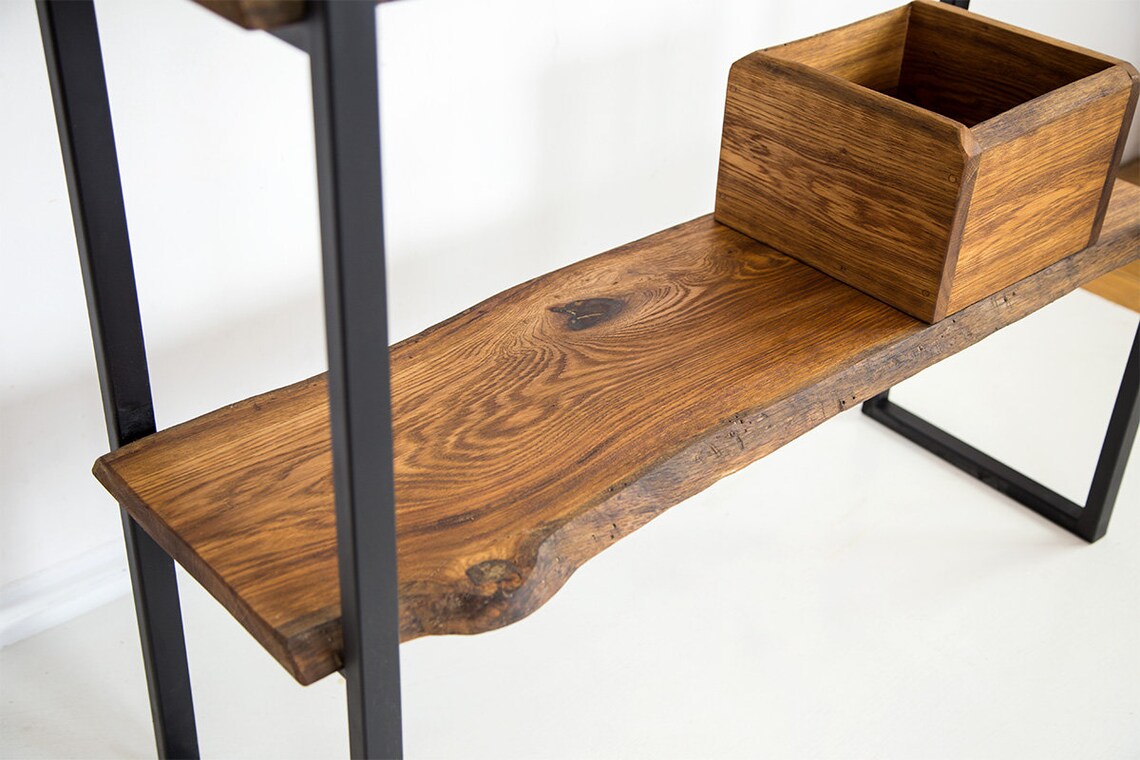 Custom bookcase with live wood edge black metal legs and Etsy