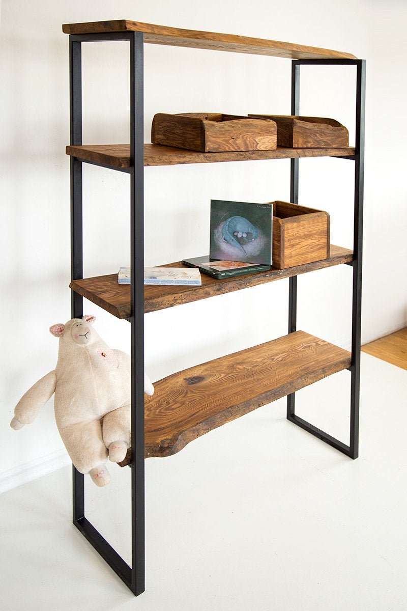 Custom bookcase with live wood edge black metal legs and Etsy