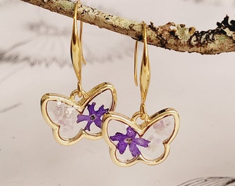 Dainty Pressed Flower And Amethyst Butterfly Shaped  Earrings.