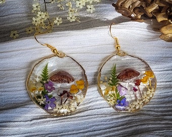 Mushroom Earrings, Pressed Flower Earrings, Tiny Real Mushrooms, And Flowers Encapsulated In Eco Resin