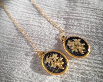 Pressed Flower And Bee Gold Threader Earrings