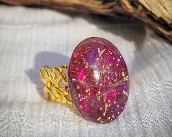 Dandelion Seeds Golden Purple Ring | Gold Chunky Ring | Unique Gift For Her