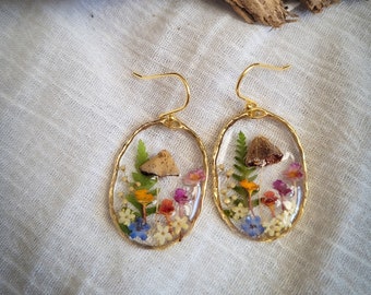 Mushroom Earrings And Pressed Flower Earrings, Real Mushroom And Flowers